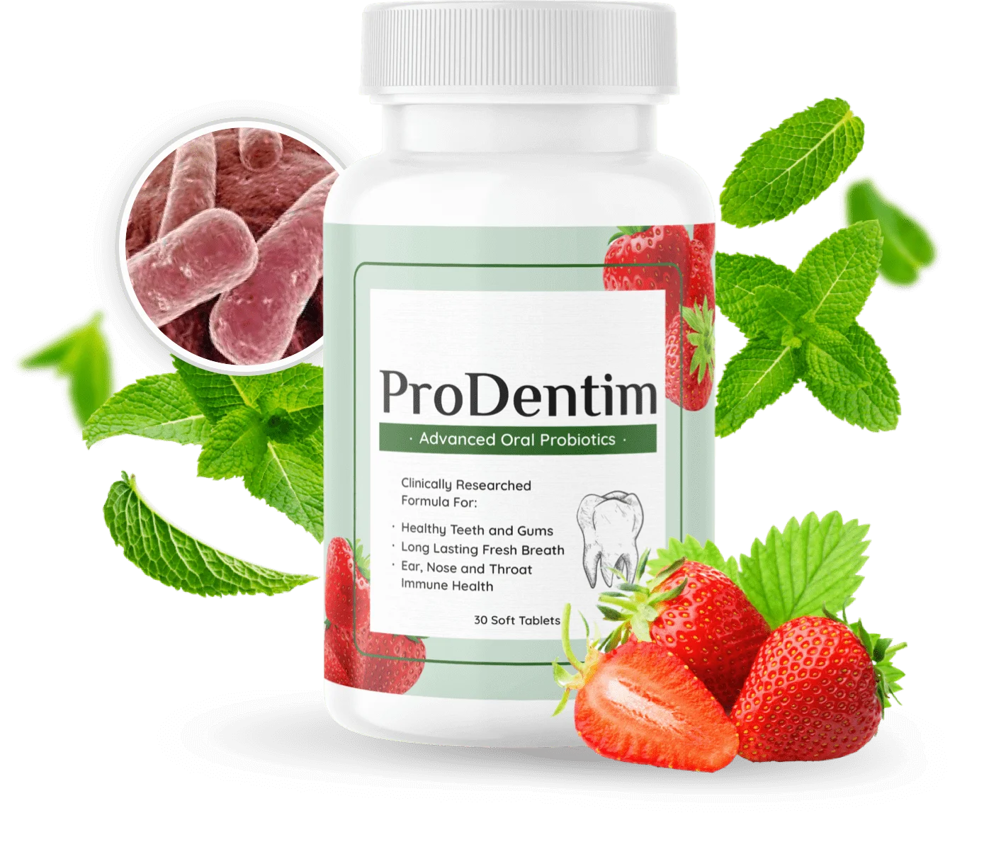 ProDentim oral probiotic supplement bottle — 30 soft tablets with strawberries and mint leaves